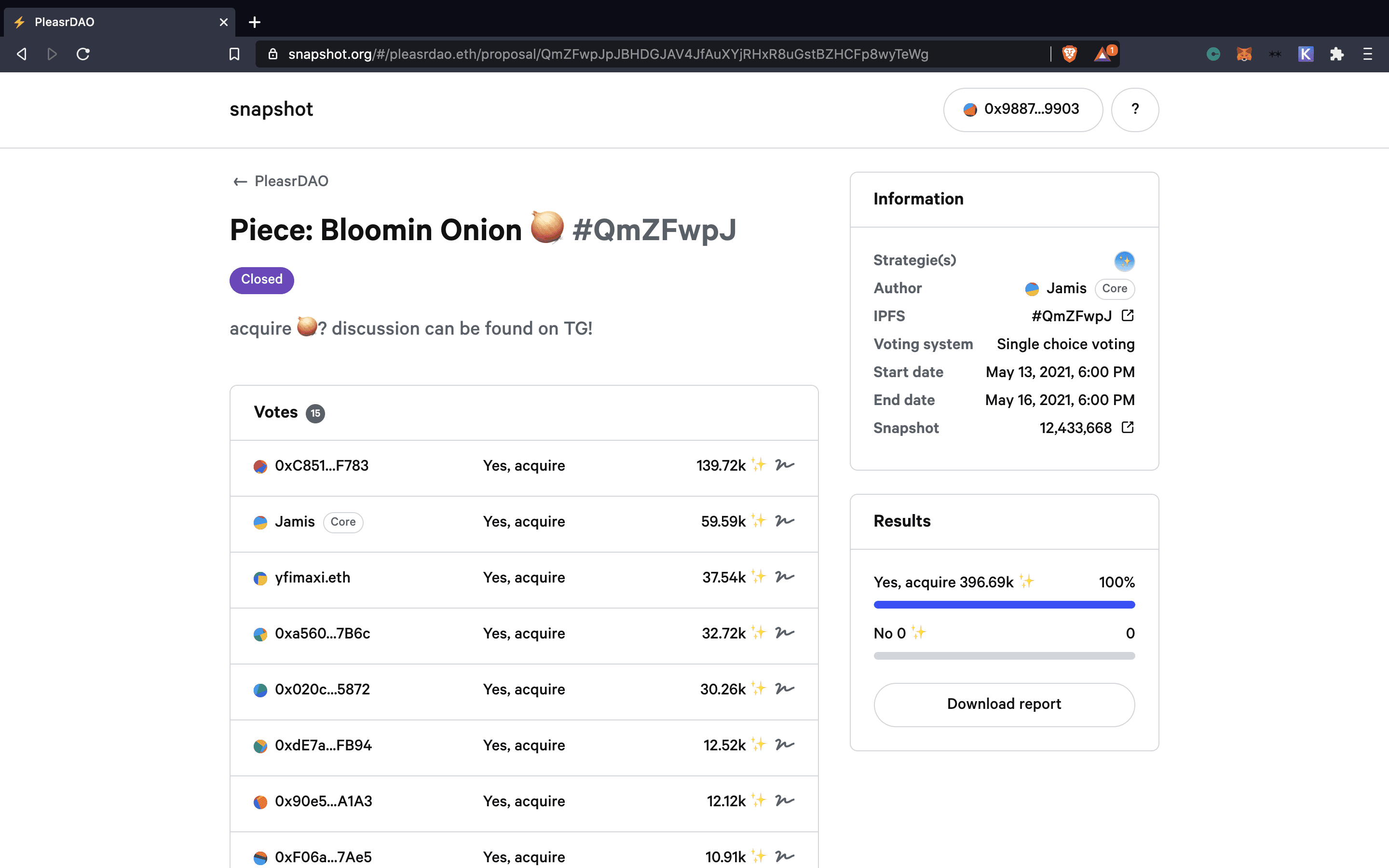 PleasrDAO Snapshot space displaying the vote on whether to acquire the Dreaming at Dusk NFT benefitting the Tor Project. The vote passed with a total of 396.69k $PEEPS tokens voting in favor. 